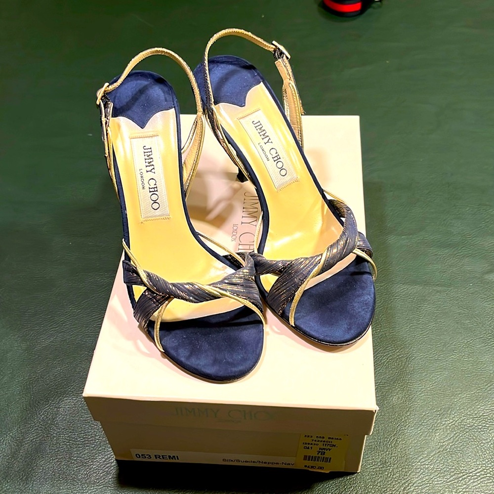 Jimmy choo blue silk and suede open toe sandal size 7